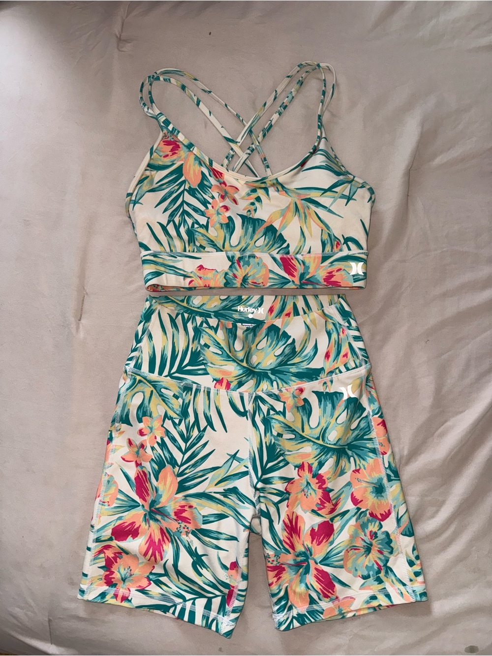 Hurley White Floral Tropical Two-Piece Set with Teal and Coral Accents